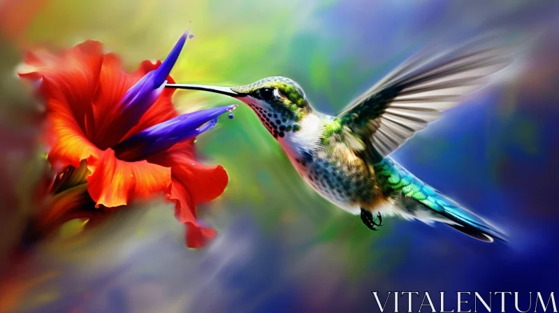Hummingbird and Hibiscus Flower in Nature AI Image