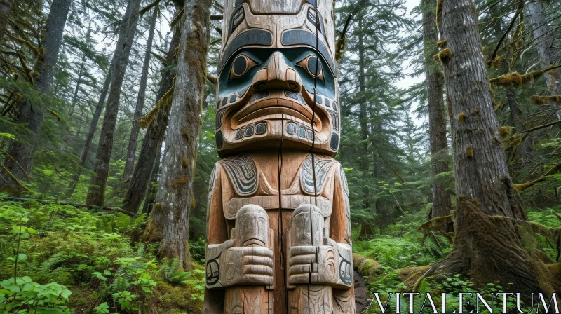 Intricate Carved Totem Pole in a Forest | Native American Art AI Image