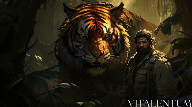 AI ART Man and Tiger in Jungle Digital Painting