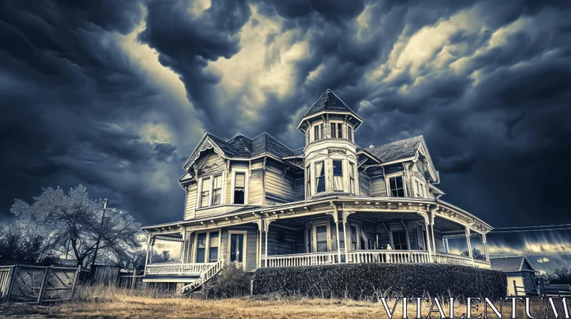 Mysterious Abandoned House with Dark Sky - Captivating Image AI Image