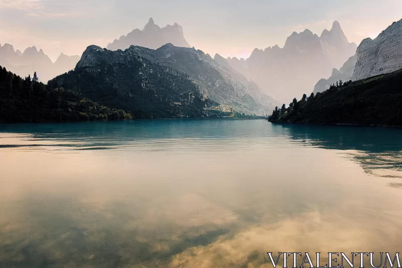 Serene Lake Surrounded by Towering Mountains - Captivating Nature Photography AI Image