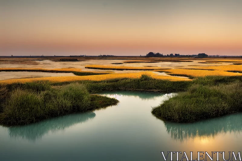 Serene Marsh at Sunset: Italian Landscapes and Impressive Panoramas AI Image