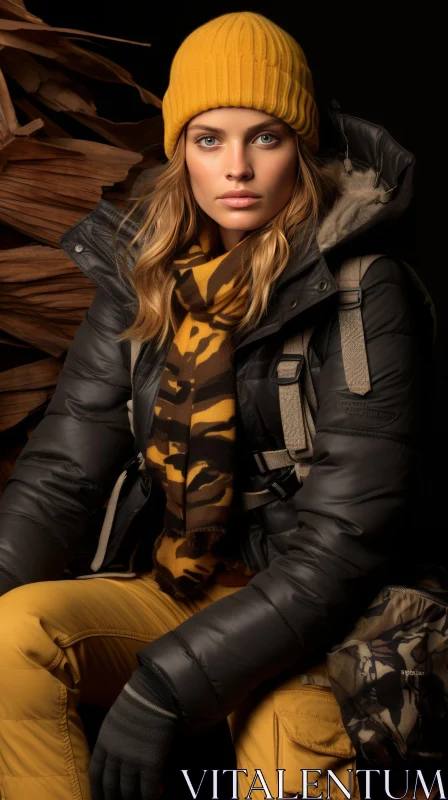 Stylish Blonde Woman in Yellow Hat and Black Jacket AI Image