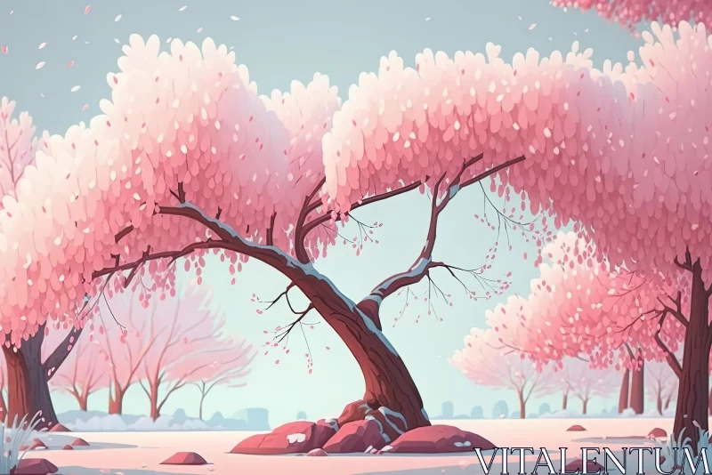 Whimsical Sakura Trees in Winter Landscape - Digital Illustration AI Image