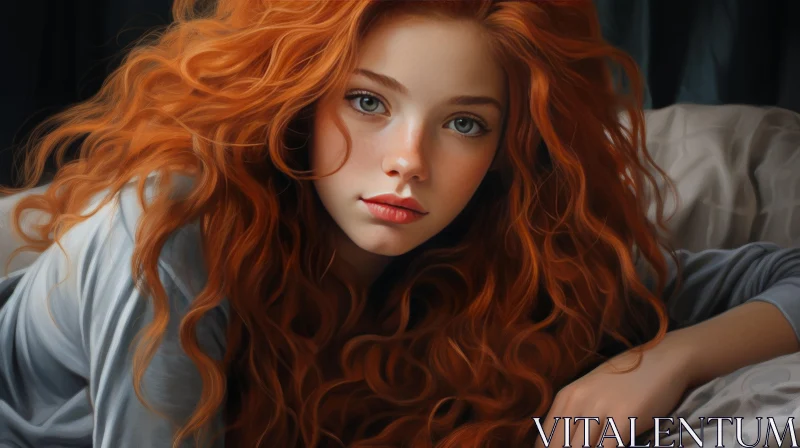 Young Woman Portrait with Long Red Hair on Bed AI Image