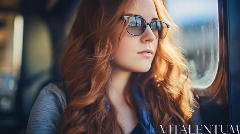Young Woman with Red Hair and Glasses Looking Out Window AI Image