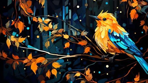 Beautiful Bird Digital Painting with Autumn Leaves