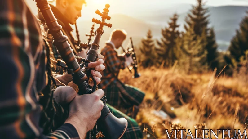 AI ART Beautiful Sunset Bagpipe Performance in the Majestic Mountains