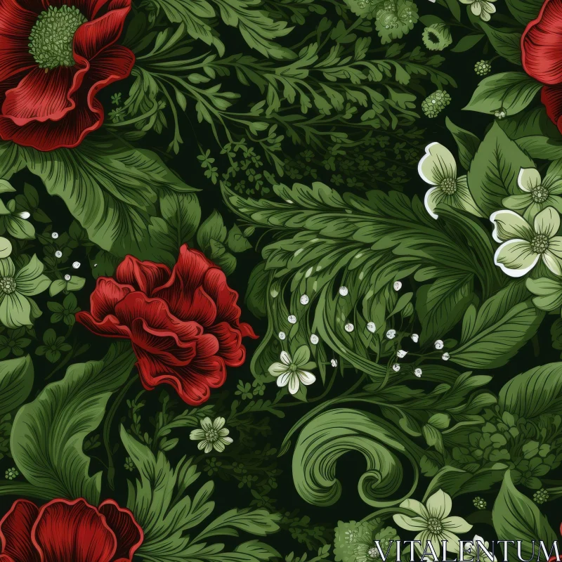 Dark Green Floral Pattern with Red Poppies AI Image