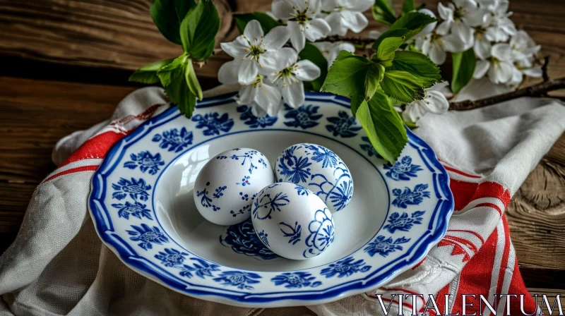 Exquisite Still Life: Easter Eggs on Blue and White Porcelain Plate AI Image