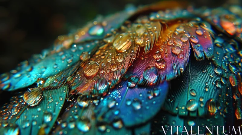 AI ART Iridescent Peacock Feather with Water Droplets - Nature Photography