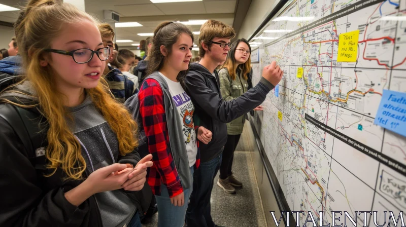 Navigating the City: High School Students Deciphering Bus Routes AI Image