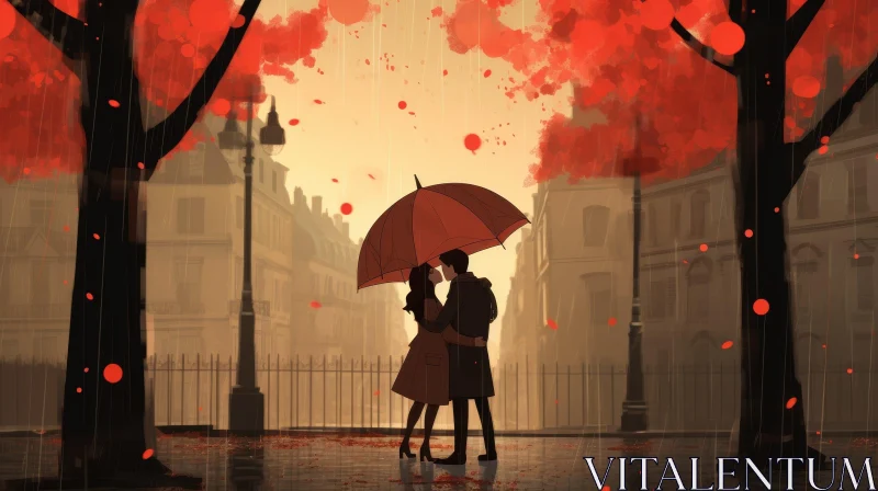 Romantic Kiss in Rain Painting AI Image
