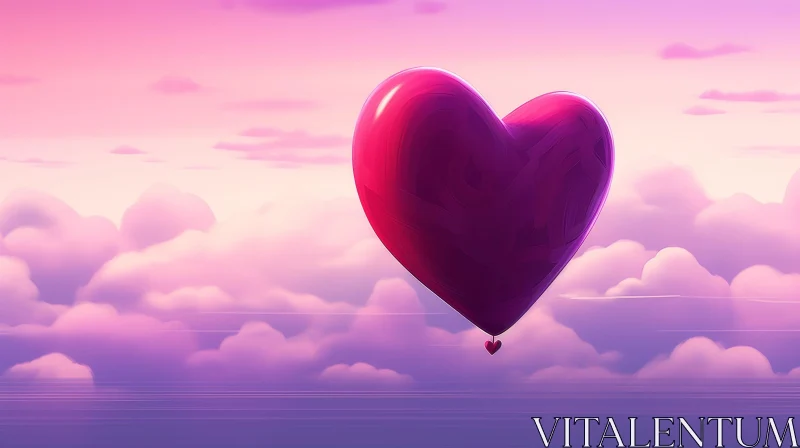 Serene Heart-Shaped Hot Air Balloon in Purple and Pink Sky AI Image