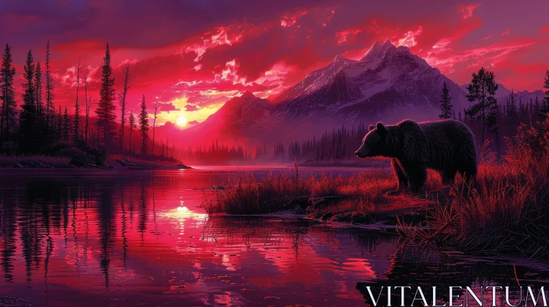 Serene Sunset Landscape with Bear and Mountain AI Image