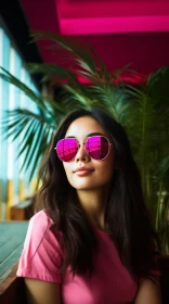 Smiling Woman in Pink Sunglasses in Tropical Setting