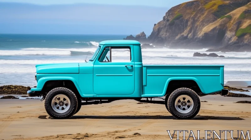 Turquoise Truck Driving at the Beach - Bold and Graceful Mechanical Designs AI Image