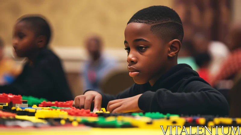 Young African-American Boy Playing with Lego Bricks AI Image