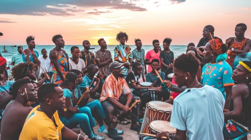 African Men and Women Playing Drums on the Beach at Sunset