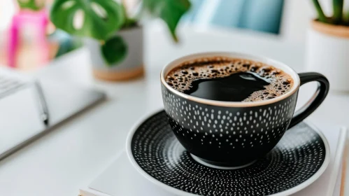 Black Cup of Coffee on White Table with Green Plant