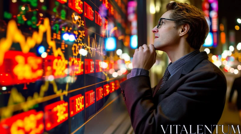 Businessman Analyzing Stock Market Ticker | Thoughtful Expression AI Image