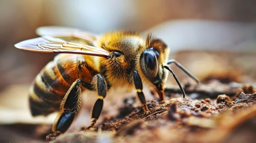 Detailed Honey Bee Close-Up on Brown Surface