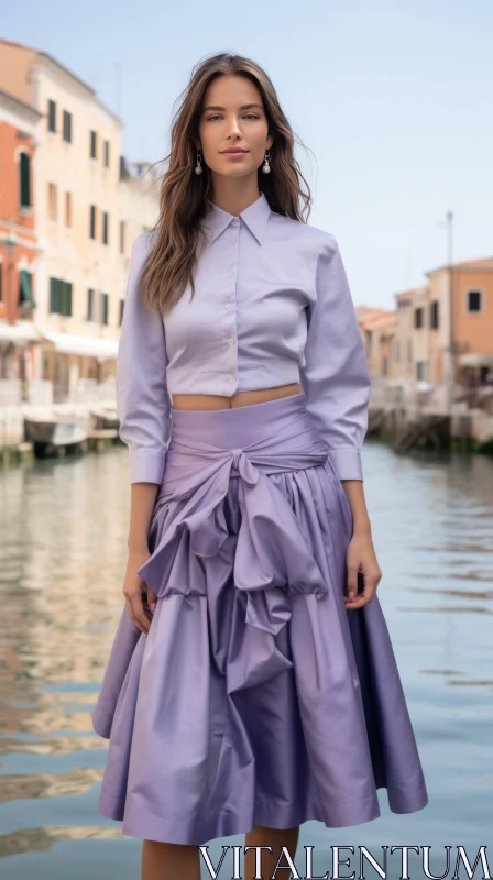 Elegant Woman in Purple Silk Blouse and Skirt on Venice Pier AI Image