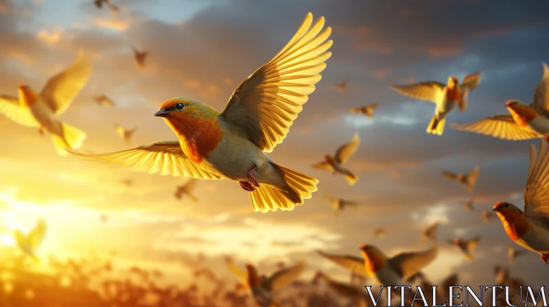 Golden Orange Birds in Flight: A Joyful Scene AI Image