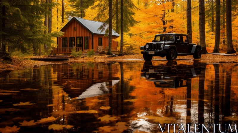 Majestic Jeep Parked near Cozy Autumn Cabin in Enchanting Forest AI Image