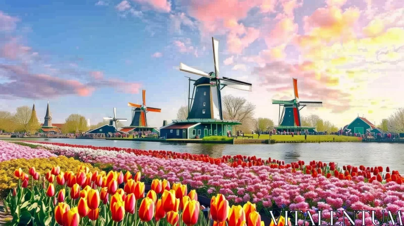 Scenic Windmill in the Netherlands Surrounded by Colorful Tulips AI Image