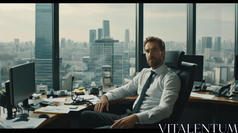 Serious Businessman in Office with City View AI Image