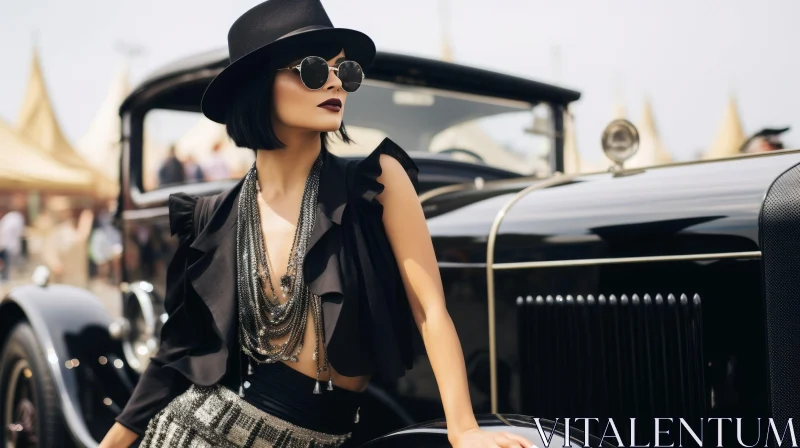 Stylish Young Woman in Black Hat and Sunglasses by Retro Car AI Image