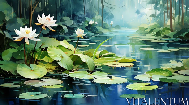 Tranquil Pond Painting with Water Lilies AI Image