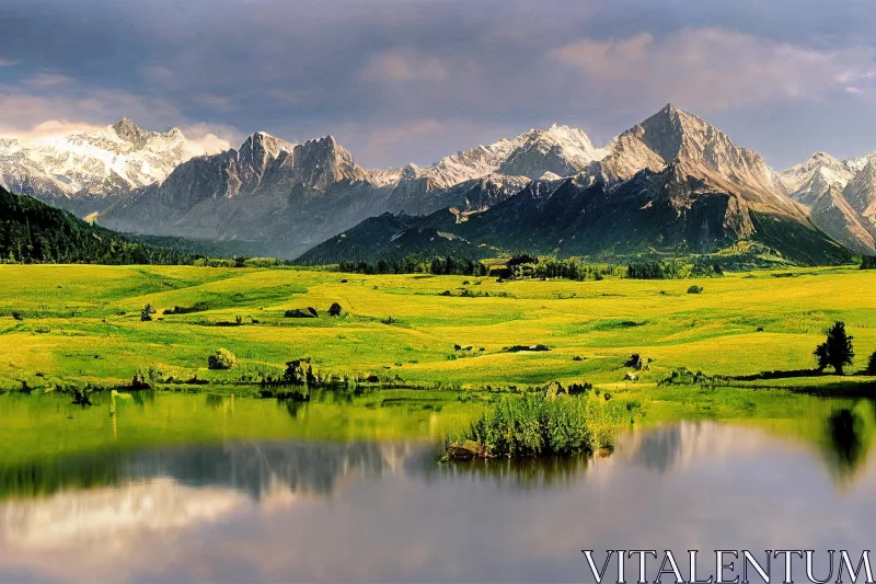 Breathtaking Nature Landscape with Green Countryside and Sparkling Water AI Image