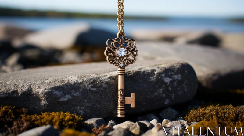 Bronze Key with Faceted Crystal on Gold Chain AI Image