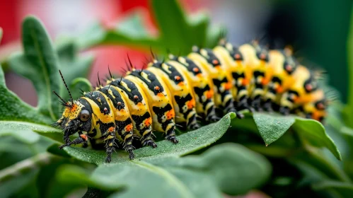 Colorful Caterpillar on Green Leaf