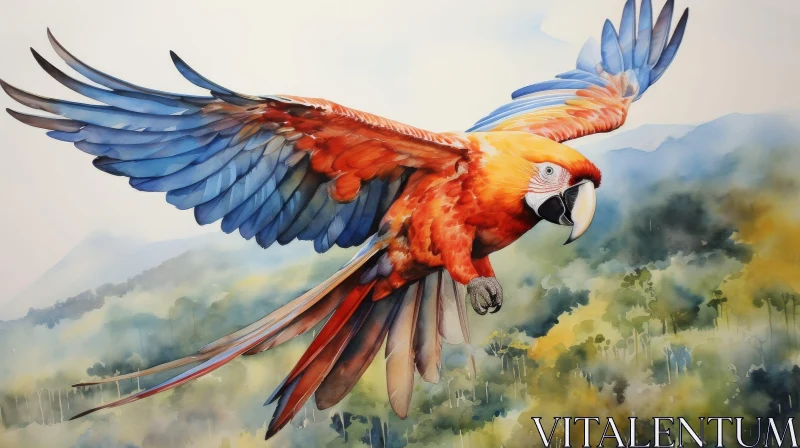 AI ART Colorful Parrot in Flight - Watercolor Painting