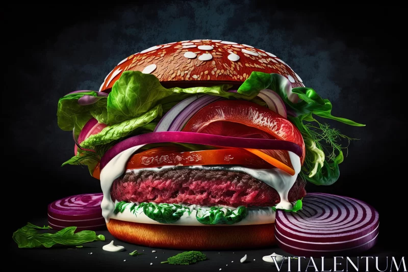 Delicious Burger Advertisement on Black Background - Photorealistic Composition AI Image
