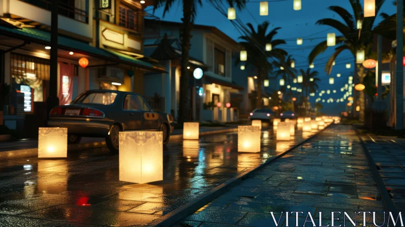 Enchanting Night Scene of a Street in a Small Town AI Image