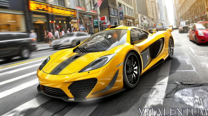 Fast Yellow Sports Car in Urban City Scene AI Image