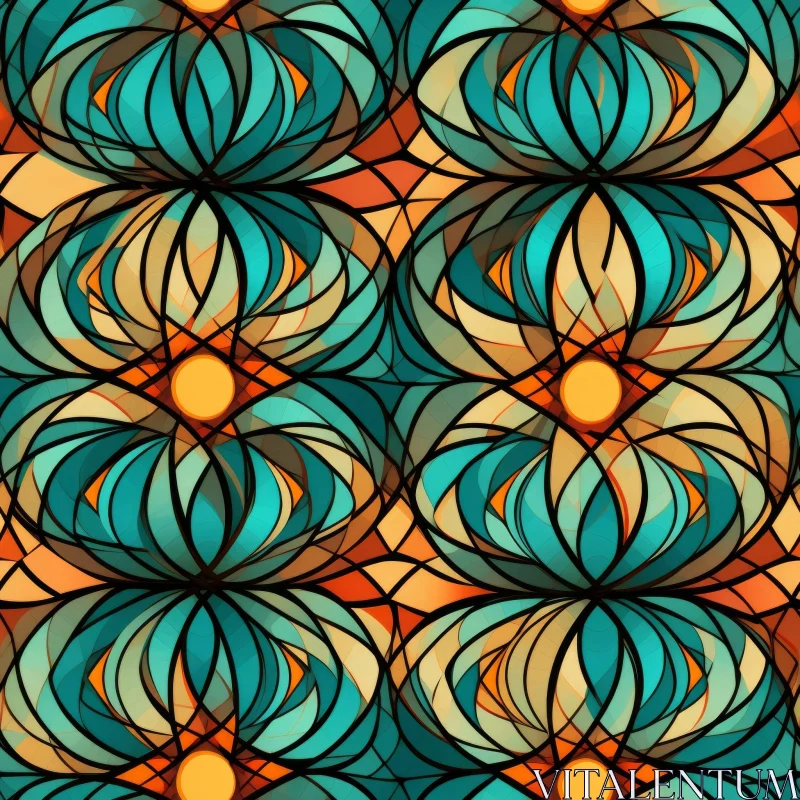 Floral Stained Glass Pattern in Blue, Green, and Orange AI Image