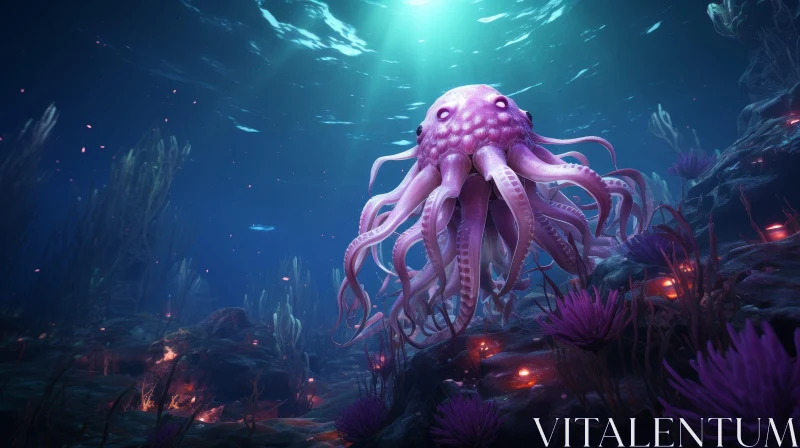 Giant Pink Octopus Digital Painting in Deep Blue Sea AI Image