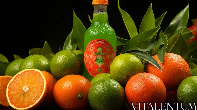 Green Sparkling Water Bottle with Citrus Fruits - Still Life Composition AI Image