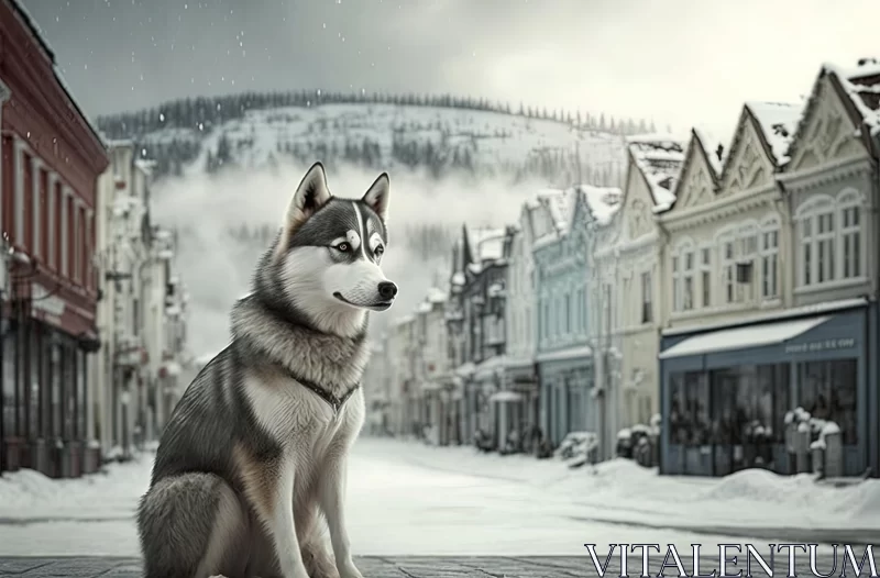 Husky Dog in Snowy Cityscape | Realistic Landscape Art AI Image