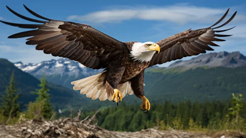 Majestic Bald Eagle in Flight Over Snowy Mountain Range