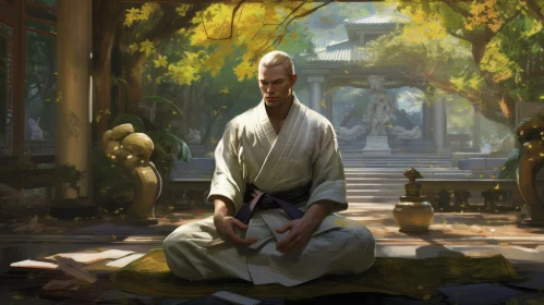 Meditating Young Man in Japanese Garden AI Image