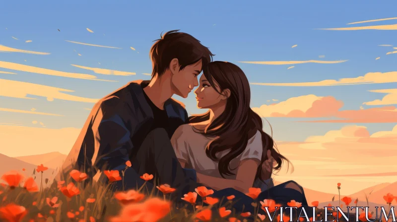 Romantic Young Couple Painting in Field of Red Flowers AI Image