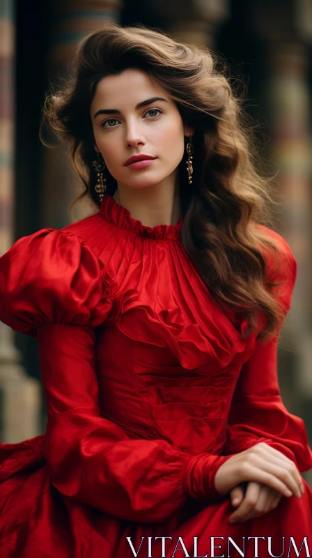 Serious Young Woman in Red Dress Portrait AI Image