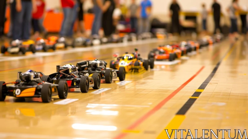 Thrilling Radio-Controlled Car Race on a Wooden Track AI Image