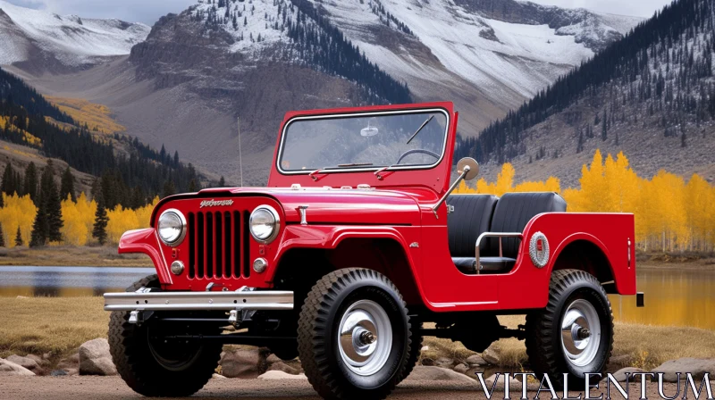 Vintage-Inspired Red Jeep Parked in Front of Majestic Mountains AI Image